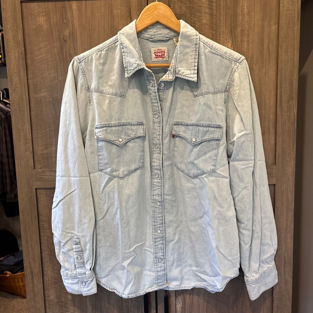 Levis Womens Western Denim Shirt Light Wash Pearl Snap Button Down Large